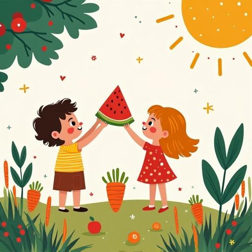 Create a colorful poster for a summer program at a Hungarian expat school for children aged 3-12. The poster includes playful elements like children playing and enjoying summer fruits like watermelon and carrots. The text is in Hungarian announcing the summer closing event with various fun activities.