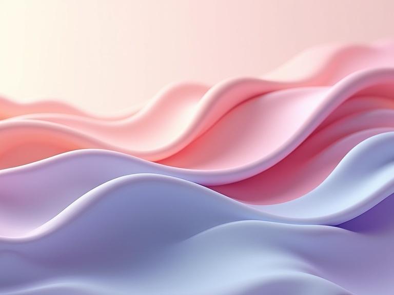 A close-up of flowing abstract waves. Smooth curves in pastel colors. Gentle lighting creates a soothing effect. Engaging textures enhance the sense of movement. Elegant interplay of colors evokes calmness and serenity.