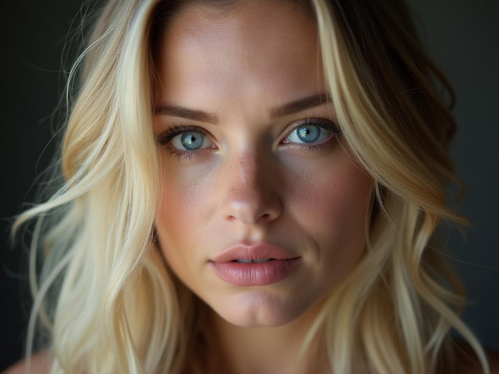 A close-up portrait of a person with striking blue eyes and blonde hair.