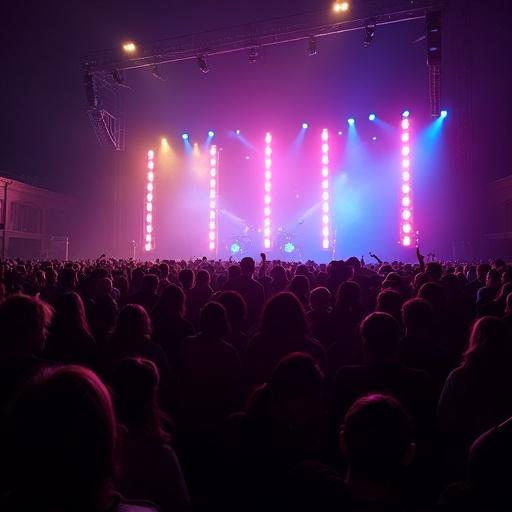 A lively concert scene featuring a packed audience enjoying colorful stage lights with bright illumination and energetic atmosphere.