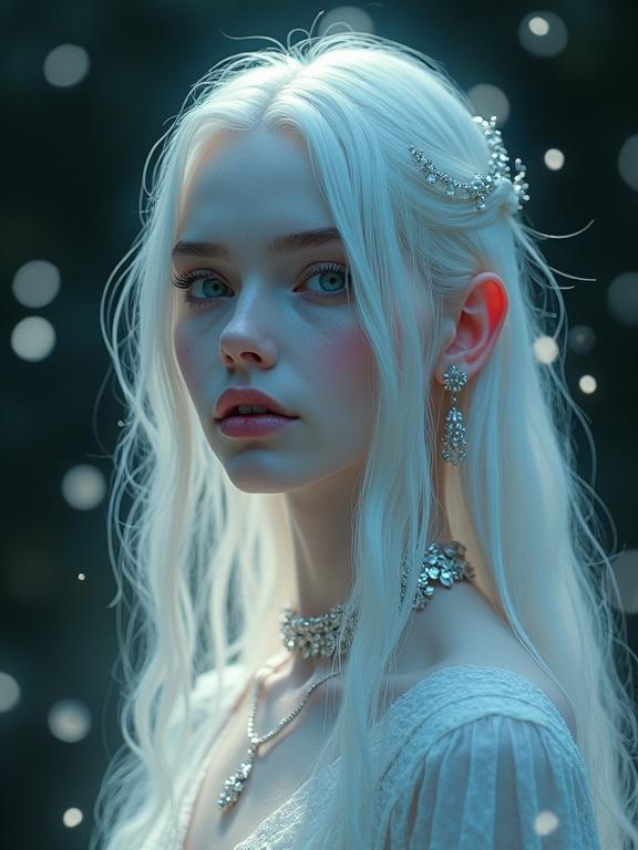 Young albino woman with white hair and porcelain skin. Ethereal expression and pink-tinted eyes. Striking black lips. Silver jewelry accentuates features. Subtle incline pose. Dark forest background with sparkling lights. Dreamy light casts cool hue. Centered composition evokes mystery and fantasy. Digital art style with intricate details.