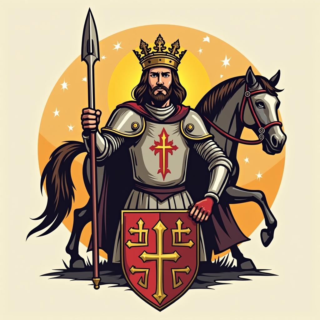 The image depicts a knight in shining armor representing Saint George, standing proudly beside his horse. He holds a spear in one hand and a shield emblazoned with a cross design in the other. The knight's attire includes a crown, symbolizing nobility. The background features a warm golden hue, reminiscent of a rising or setting sun. This emblematic representation is suitable as a logo for a Saint George guild, highlighting themes of heroism and chivalry.