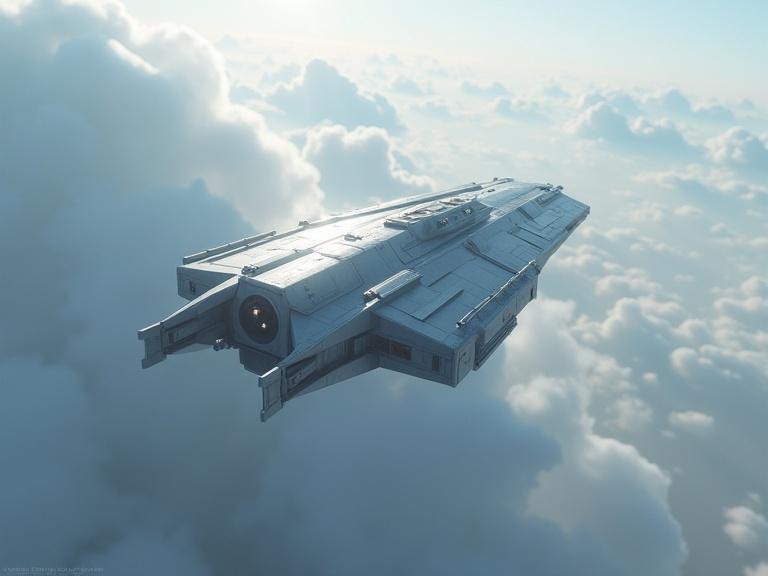 Create a cinematic sci-fi image featuring a sleek grey military dropship entering the troposphere. The dropship should have a bevel rectangle shape with a hard metal texture, small windows, and realistic shadows.