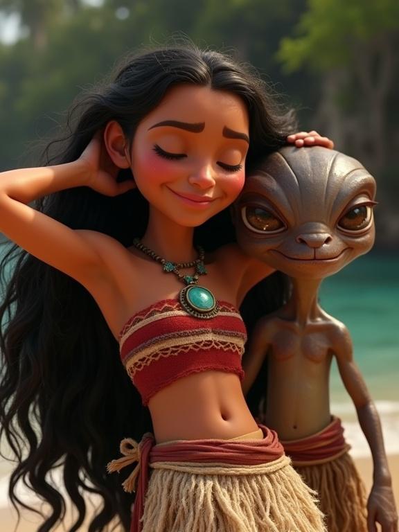 A tribal girl with long messy hair in a loincloth stands beside a friendly alien. They show a close friendship. The scene is set on a beach.
