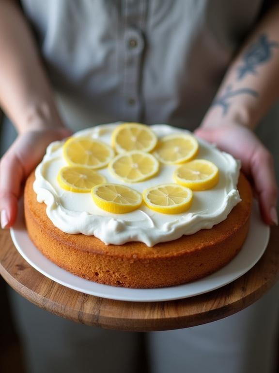 Photo shows a person holding a cake on a wooden round plate. Cake features white frosting with lemon slices. Person wears a light grey shirt. One hand holds the plate; other hand supports the cake. Soft natural light creates a cozy atmosphere. Background is blurry, focusing on the cake.