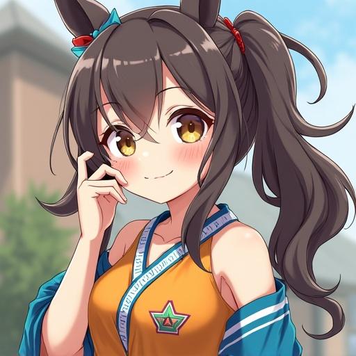 Character illustration. Young girl with long brown hair and cute expressions. Bright colors and anime style design. Outdoor background.