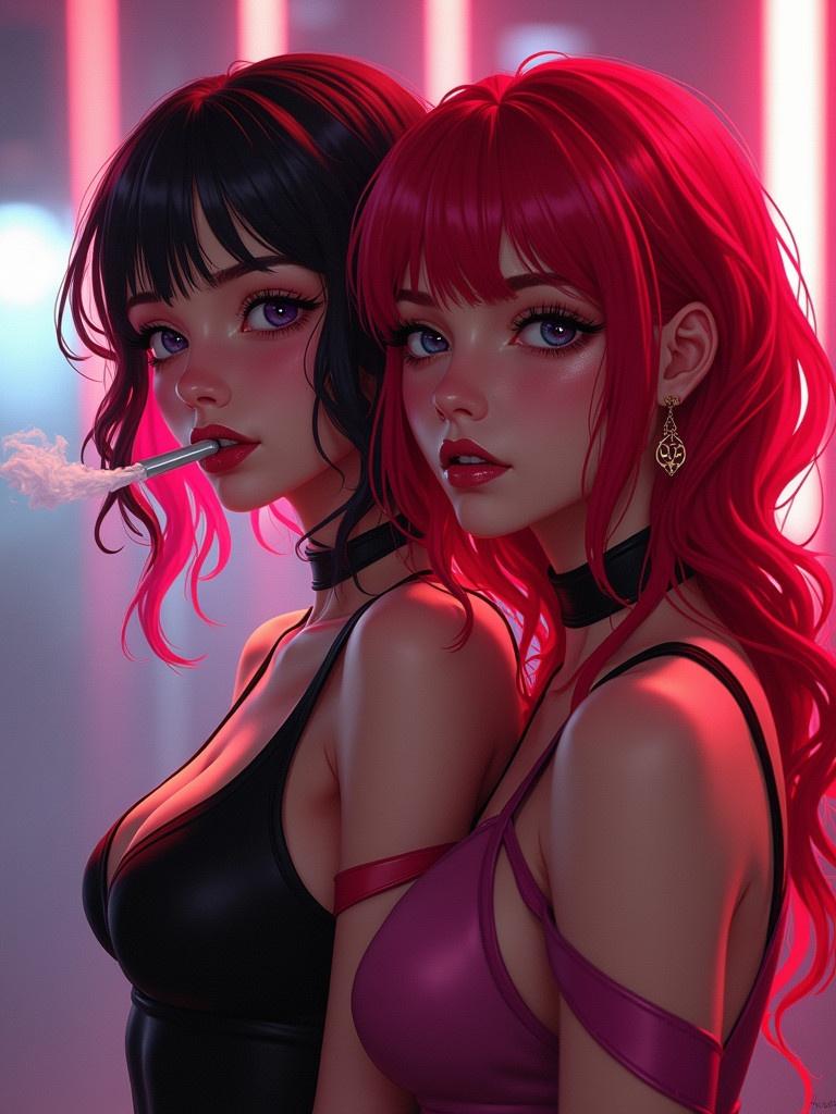 Two girls standing side by side. One girl has pink wavy hair and wears a black outfit while the other has long red hair and wears a red and white outfit. Neon lights flash in the background. Both girls are fashionable.