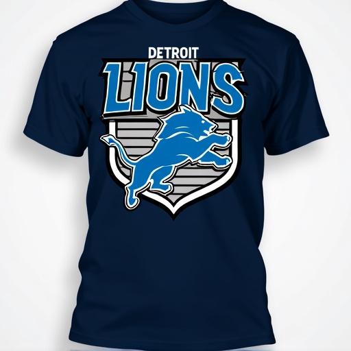 Navy blue t-shirt features a stylized logo for the Detroit Lions football team. The logo has a silver and light blue shield. The words 'DETROIT LIONS' are in a dynamic blue and white font at the top. Below is a vibrant blue lion leaping to the right with black mane and tail details. The design includes horizontal light blue and white stripes within the shield, creating a sporty modern feel.
