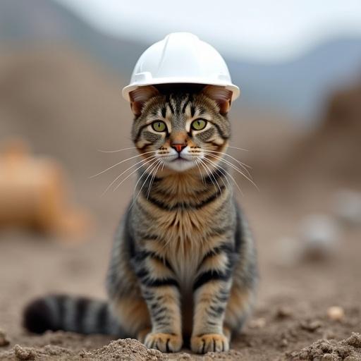 A cat wearing a white hard hat stands on a construction site.