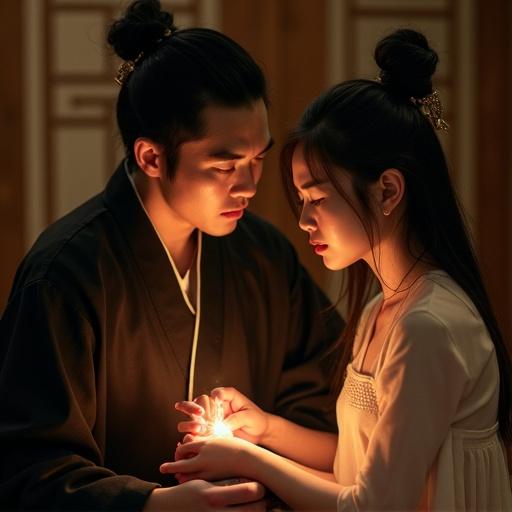 A scene in a dimly lit room. Zhang Wuji presses the Yongquan acupoint on Zhao Min's foot. Zhao Min has a mix of laughter and discomfort. Expressions show surprise and amusement. The setting has warm wood textures and minimal furnishings. Light glows from Zhang Wuji's fingers highlighting their hands.