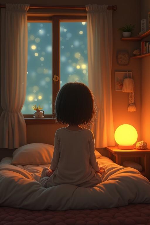 Animated girl sits in a cozy bedroom. Earthy decor surrounds. Nightlights shine through the window. A yellow glowing orb flickers beside her. A feeling of nostalgia envelops the scene.