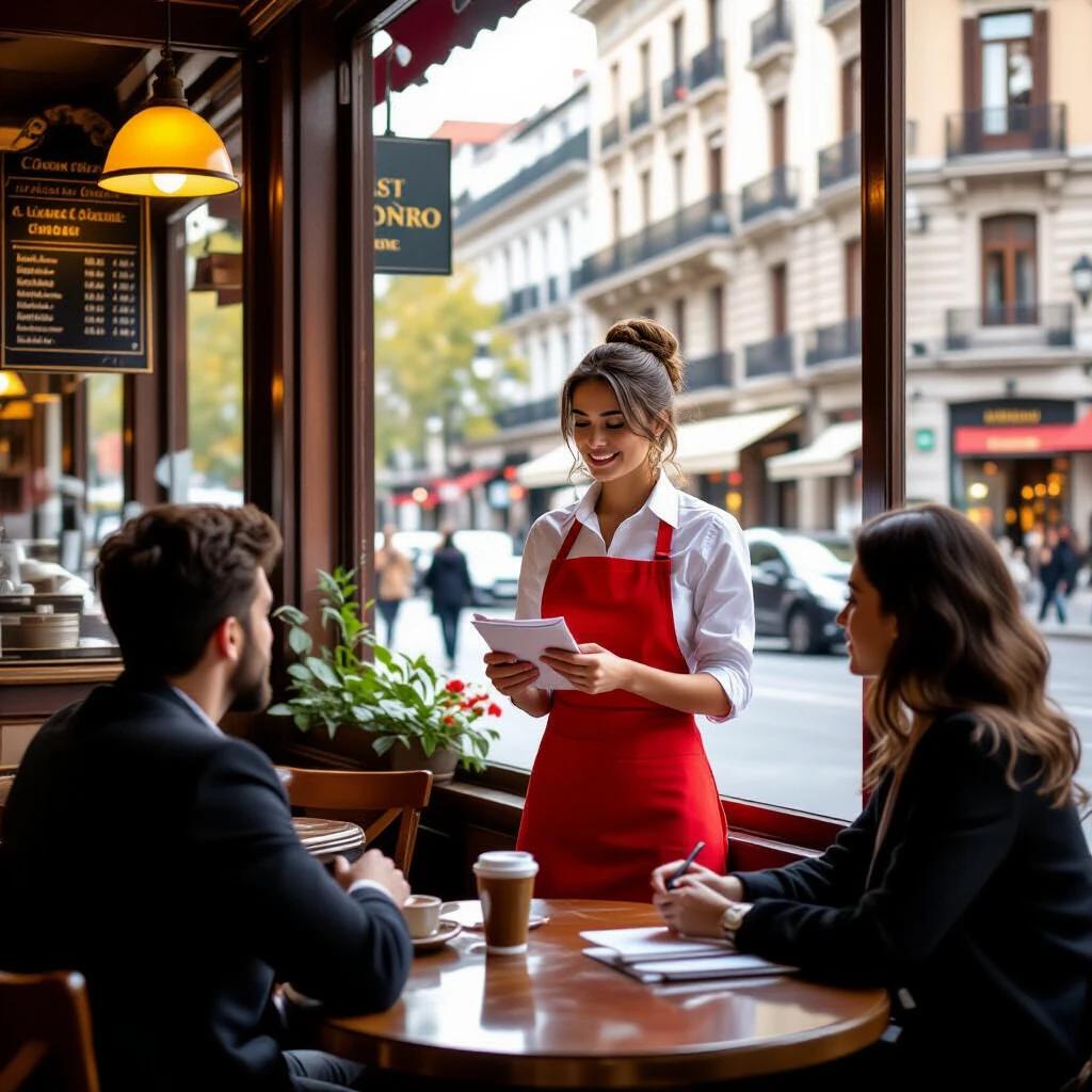 A Spanish woman stands in a cafe in Madrid. She is asking a customer if they want anything else or if they can close the bill. She wears a red dress uniform and an apron. She makes notes on a pad with a pen. A 26-year-old man sits at a table. He looks at her seriously. She is focused on her notes. A coffee cup and a dessert plate are in front of him. He looks up at the waitress. Both have serious expressions.