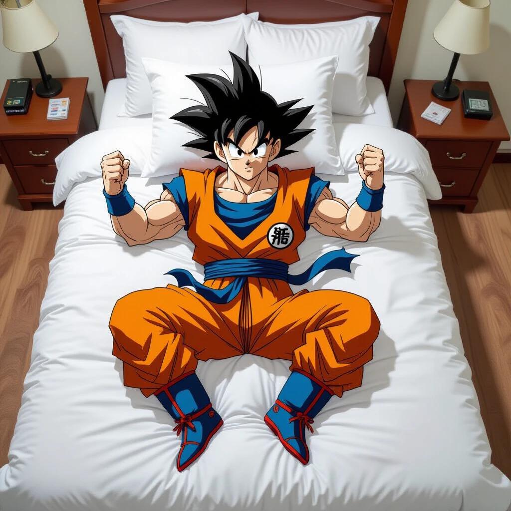 Goku in Super Saiyan form lying on a bed. Character is wearing an orange outfit with blue accents. The bed has white sheets. The scene is indoors with bedside lamps. Goku is flexing muscles in an expressive pose.