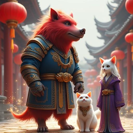 Anthropomorphic animal characters in a courtyard. A giant red furry boar wearing blue and gold armor. Two white cats with golden eyes in traditional robes, one large in white and gold, one small kitten in purple and gold. A white goat woman with long white hair in a purple robe. Background features red lanterns and a red-grey temple building. Surrounding characters with glowing golden wisps. High detail digital art.