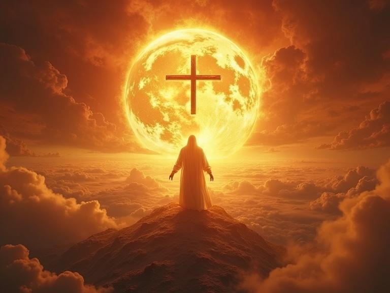 A divine figure in the sky stands on a mountain looking down at a corrupt earth. A glowing cross symbolizes judgment. Art style is symbolic with golden and red tones.