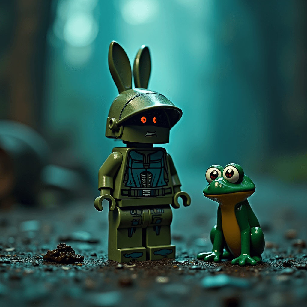 A Lego figure in a bunny helmet stands curiously next to a Lego frog in a forest setting.