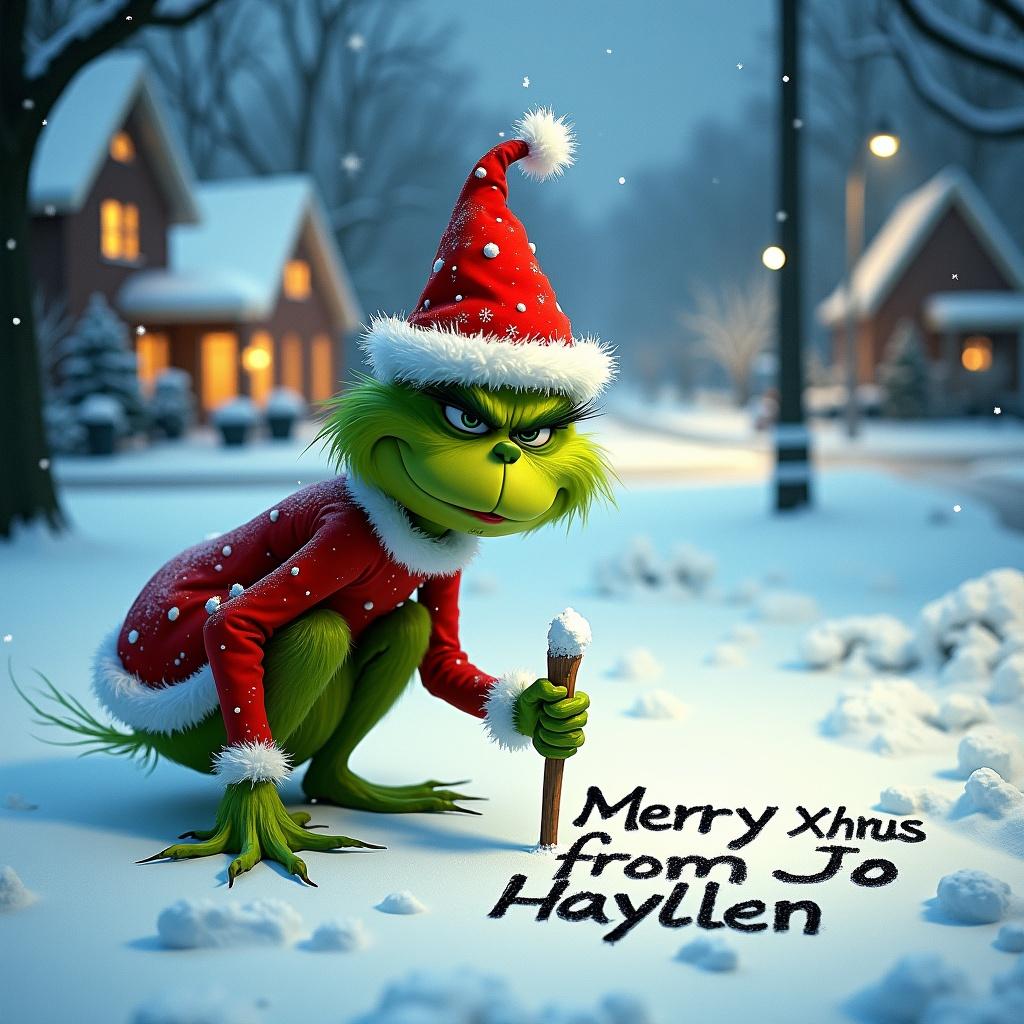 Winter scene shows Grinch in Santa hat. Grumpy expression. Crouching and writing 'Merry Xmas from Jo Haylen' in snow with a stick. Surrounded by snowflakes. Background features snow-covered roads and houses with lights.