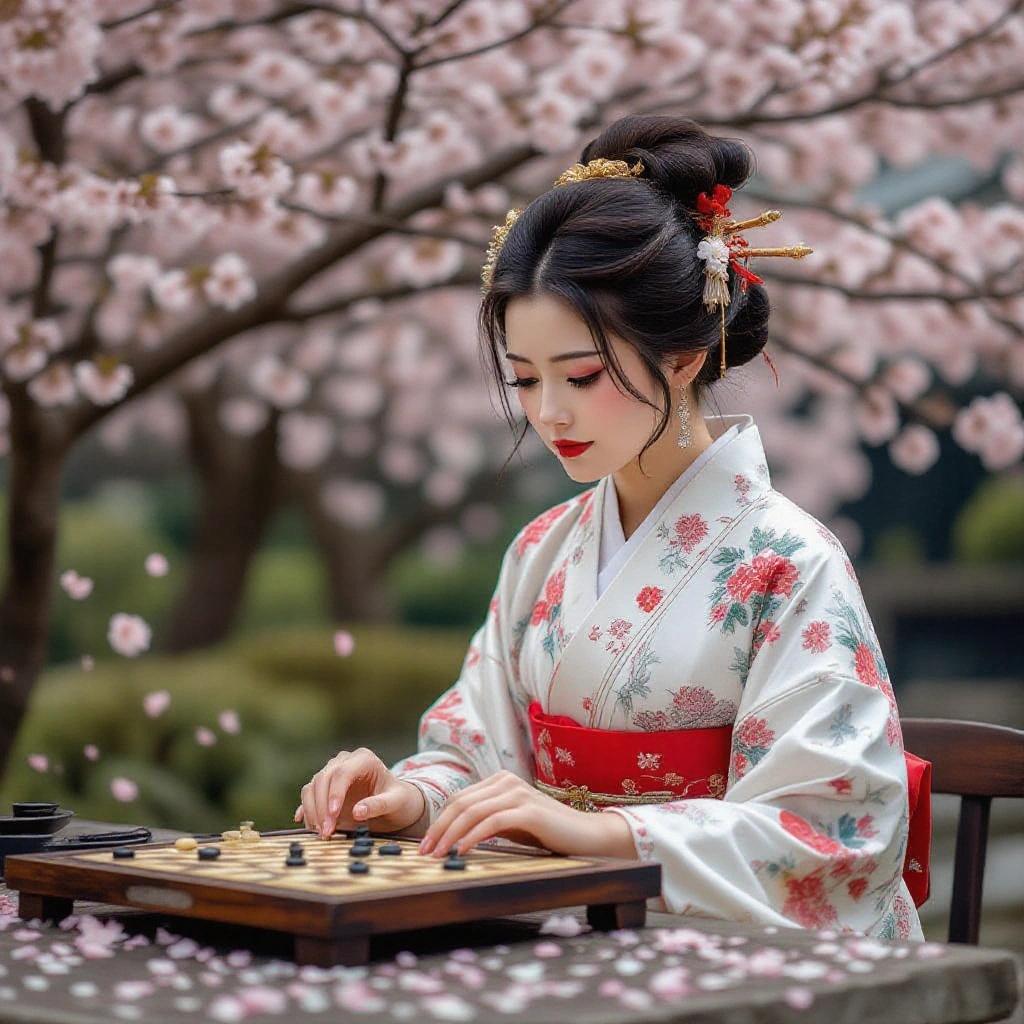 A girl in traditional attire playing Go under cherry blossoms.