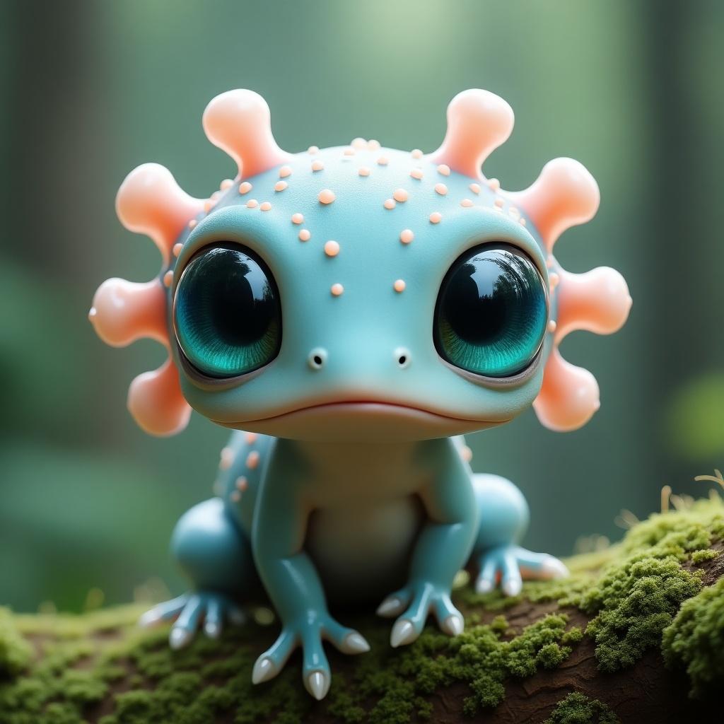 Image of a fantastical creature with amphibian and alien features. Bright eyes with pink-orange spots. Perched on moss. Hyper-detailed, photorealistic style in a forest setting.