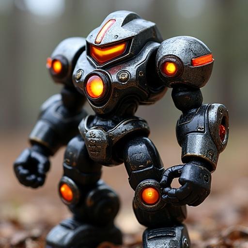 Create a robot character with a helmet resembling an oil rig. The robot has a glossy finish and stylized proportions. Incorporate glowing orange lights on the faceplate. Use dark oil black, metallic silver, and fiery orange colors. The character stands in a natural outdoor setting.