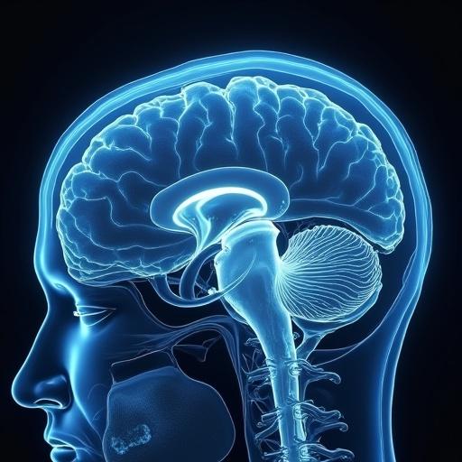 Illustration of a human brain in profile view with detailed anatomy. High-contrast blue and white color scheme emphasizing neurological structures. Glowing effect enhances visual clarity.