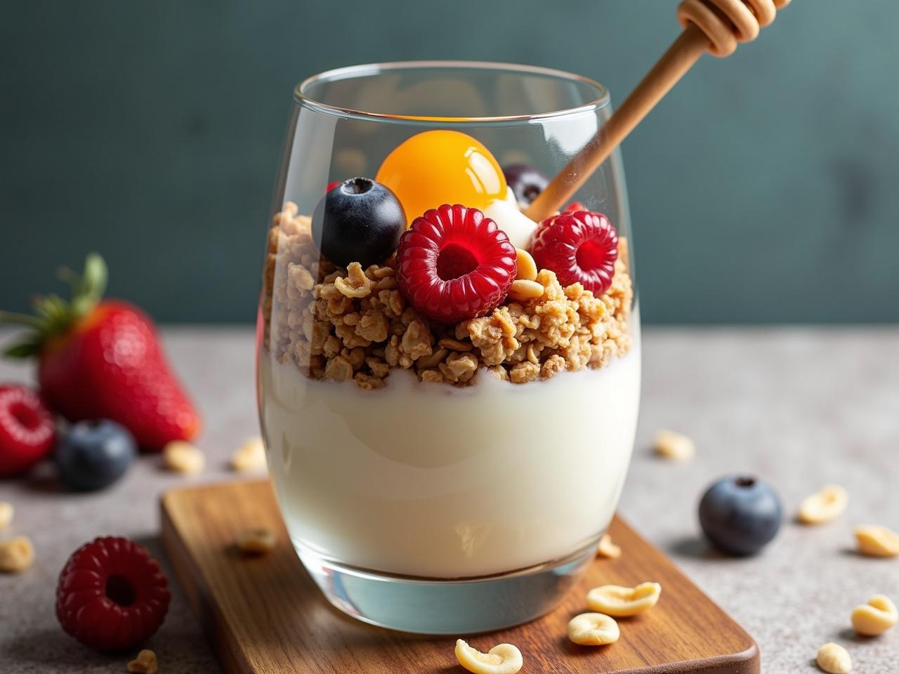 This image features a delicious serving of granola layered with creamy yogurt in a transparent glass. Topped with fresh berries including raspberries and blueberries, it appears vibrant and inviting. A honey dipper rests on the glass, suggesting a drizzle of honey for added sweetness. The background presents a soft focus to highlight the glass and its contents. This ultra-realistic picture is perfect for showcasing a healthy breakfast or dessert option.