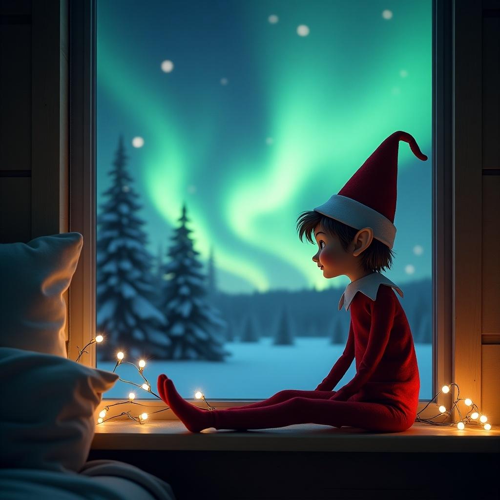 Whimsical scene of an elf on a windowsill writing. The elf gazes at northern lights in the night sky. Soft fairy lights illuminate the room.