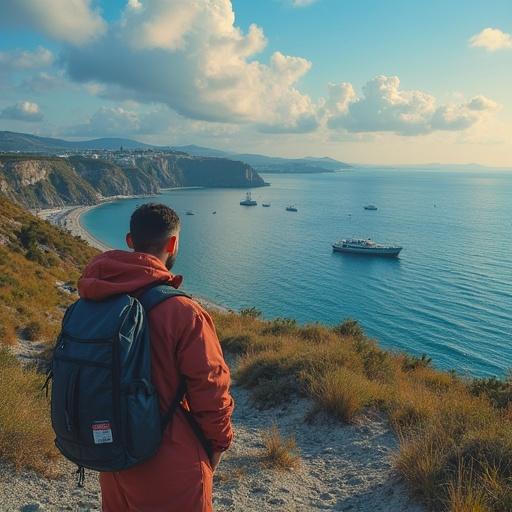 Male hiker overlooking a serene coastal view. Clear blue waters and hills in the background. Golden hour lighting.