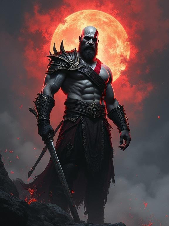 Artwork of Kratos from God of War Ragnarök in a moment of transcendence. He reconciles with his dark past and embraces self-love. Focus on symbolism and mood. Visual storytelling captures emotional transformation.