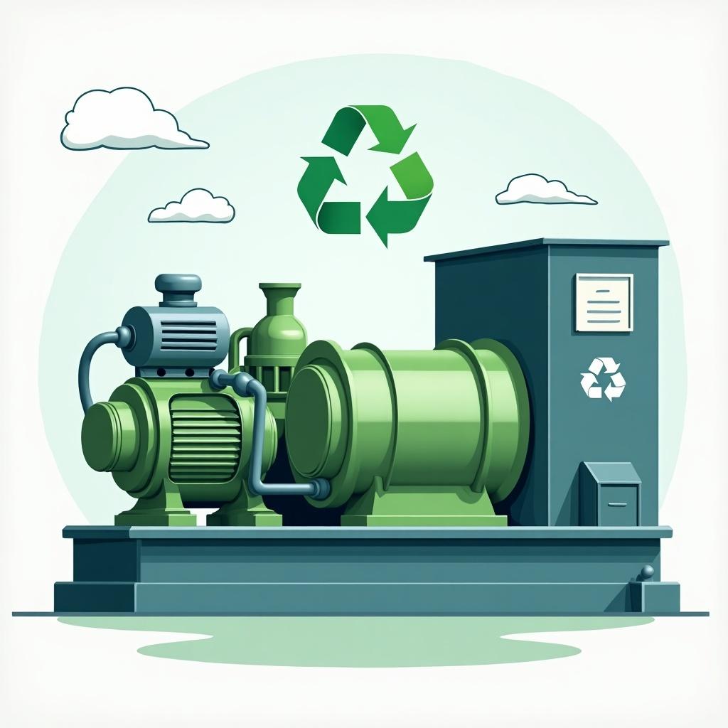 This image depicts a recycling plant featuring a pump and generator. The focal point is the green machinery which represents eco-friendly technology. Above the machinery is a recycling symbol, emphasizing sustainability. The overall color palette consists of greens and grays, highlighting environmental themes. The soft lighting creates a clean and modern look, ideal for promoting recycling initiatives.