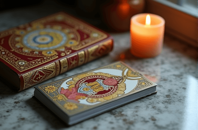 A beautifully decorated tarot deck lies beside an ornate book, with a glowing candle creating an atmospheric setting.