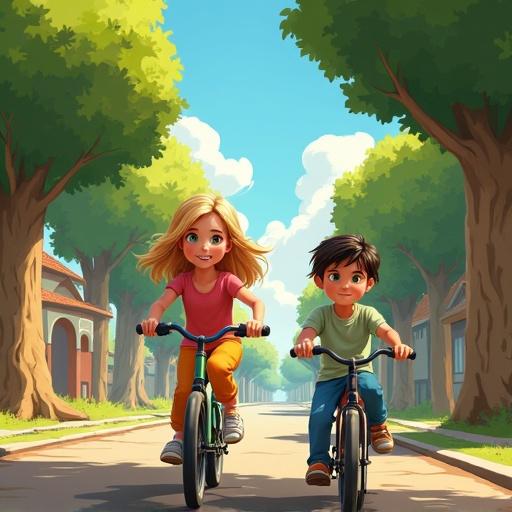 Pixar/DreamWorks style image featuring two kids riding bikes along a street made of books. The scene includes lush trees symbolizing data and words. A cheerful atmosphere with bright colors and playful details.