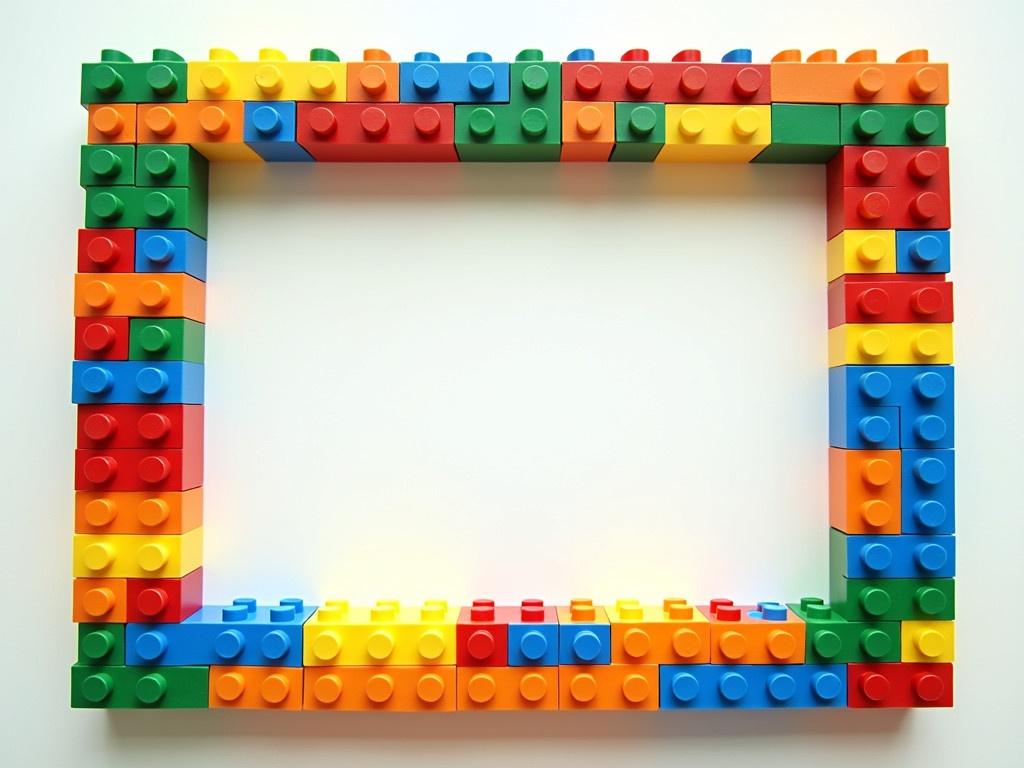 The image shows a colorful frame made of building blocks, resembling a Lego design. The frame has an empty space in the center where students could display their work or ideas. The arrangement of the blocks is vibrant, featuring various colors like red, blue, green, yellow, and orange. Each block is neatly placed, showcasing creativity and fun. The background is plain and light, enhancing the vividness of the Lego colors.