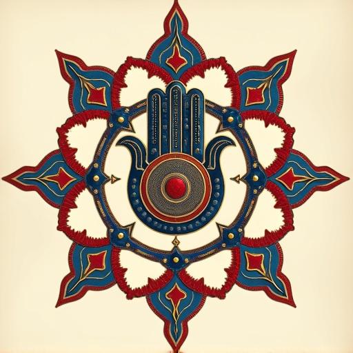 The image features a traditional Tunisian Khamsa symbol in the center. Surrounding it are bio-geometry shapes. Colors used are blue, red, and gold. The background is light and neutral to make the design stand out.