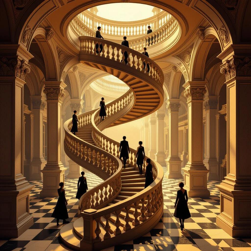 Digital illustration of an impossible Penrose staircase. Figures in period clothing climb an endless loop. The staircase forms a closed circuit. Classic architecture features ornate railings. Warm golden lighting creates shadows based on impossible geometry. Background fades into mist. Sepia and gold color palette enhances the hyperrealistic textures.