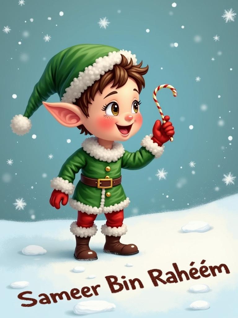 Child dressed as an elf writing the name Sameer Bin Raheem in the snow.