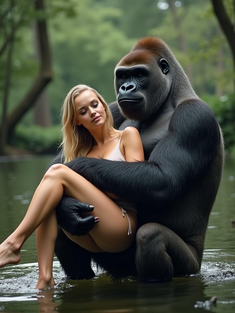 Large male gorilla carries a blonde woman in a lake surrounded by a thick forest. The scene showcases strength and beauty in a natural setting.