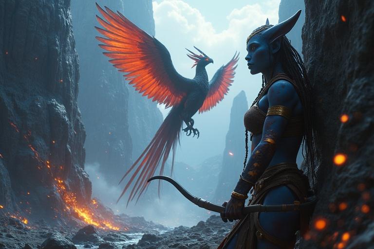 Kaari ducks behind a jagged crystal outcrop. She is breathing heavily, bow drawn, and eyes locked on the sky. Sparks flicker around her. Stormwinds howl through the canyon. The Toruk stands defiant in the center of the gorge. Its wings are massive and battle-scarred. It screeches in warning. Its body is volcanic-red and gold, glowing against the crystal-lit walls. Blood trails down its flank. Kaari is a graceful Na’vi female with glowing blue skin marked by soot and bruises. Her bioluminescent stripes pulse. Her athletic body leans into cover with a raised bow. Her eyes flash with protective fury. Together, they hold the canyon, wounded but unbroken.