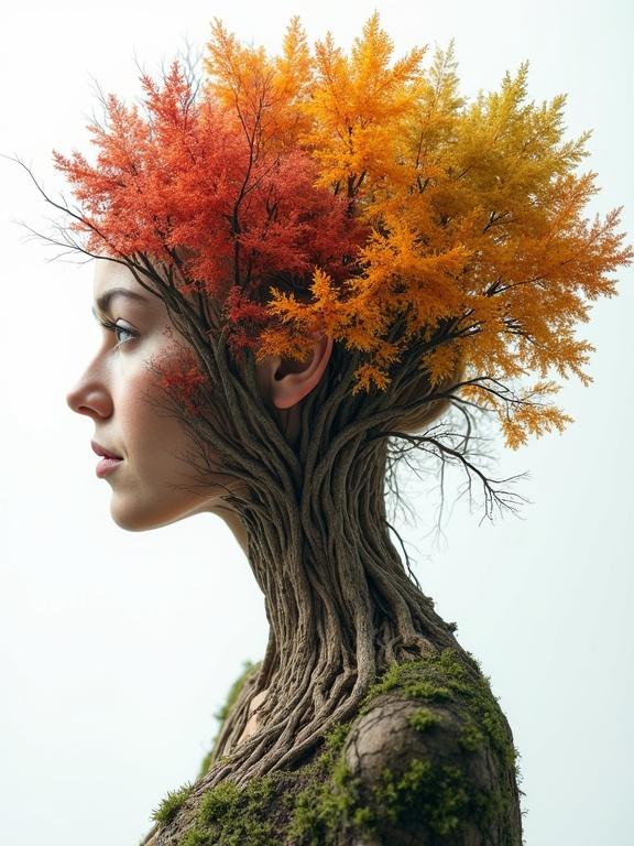 3d hyper-realistic double exposure art featuring a woman embodying an oak tree. Peeling wood layers symbolize winter, spring, summer, and fall. Scenes unfold within her body, showcasing each season's unique traits. Natural elements seamlessly blend with the human form. Represents the cycle of life and time.