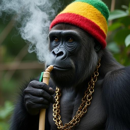 Gorilla dressed in Rastafarian hat and gold chains. Gorilla holds bong surrounded by green foliage. Smoke rising from the bong visible in the air.
