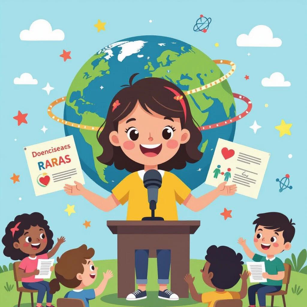 A confident child holds a microphone speaking to a diverse audience. Background features the Earth with educational symbols around. Child displays hope empathy and knowledge. Posters about rare diseases visible in Portuguese.