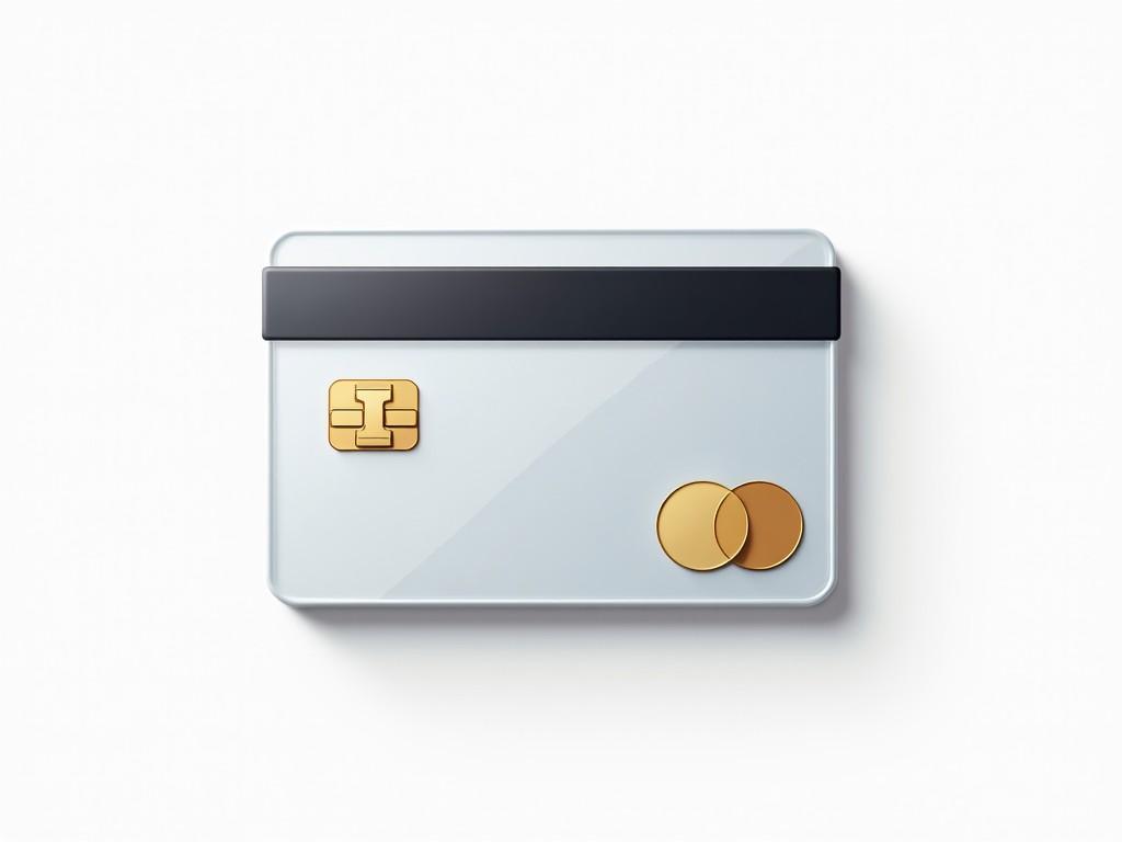 The image depicts a modern credit card design with a minimalist style. It features a shiny, light-colored surface with a black magnetic stripe at the top. To the left, there is a gold chip embedded in the card. Two circular gold tokens are placed to the right, adding to the overall aesthetic. The card is centered on a white background, emphasizing a clean and professional look. This design is suitable for financial or banking purposes.