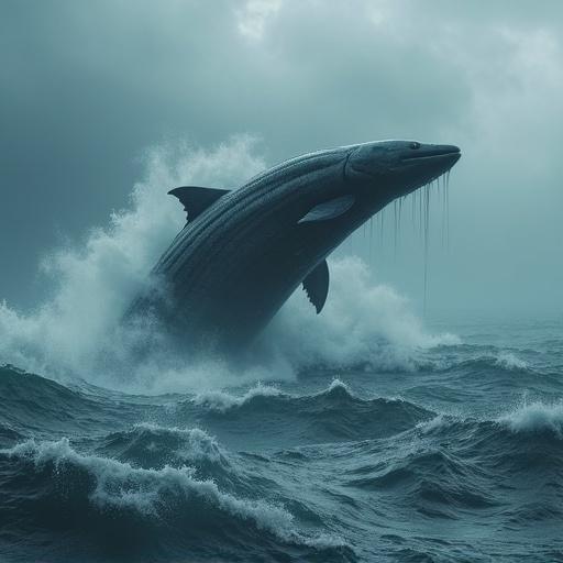 Dark cinematic depiction of a giant sea monster. The creature is a 200 ft tall dark silver grey eel. It is breaching the ocean waves, creating mist as water falls off. Wind blows and the sky is cloudy with a rainstorm. The scene has huge waves and foam. Focus is on deep realism with high details, showcasing shadows and textures.