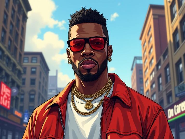 Confident Black male rapper shown in full frontal view. Styled like a Grand Theft Auto video game loading screen. Highly detailed with bold outlines and vivid colors. Dramatic studio lighting complements urban summer streetwear featuring flashy accessories. No jacket; graphic t-shirt or tank top reflects warm weather style. Gritty city background without identifiable buildings or signs. Cartoonish yet realistic appearance maintains GTA 5 style in a digital painting format. Features dynamic composition. No text or logos are present.