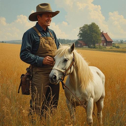 Artwork depicts detailed scene of vintage German rural life. A man stands with a horse in a golden field under a blue sky. The painting showcases bold brushstrokes and textured details reminiscent of classic illustrations.