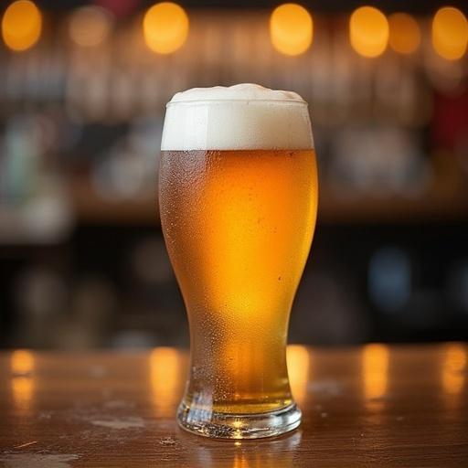 A glass of cold beer with foam on top sits on a wooden bar. The background features blurred lights that create a warm atmosphere. The glass is condensation-covered, emphasizing freshness.