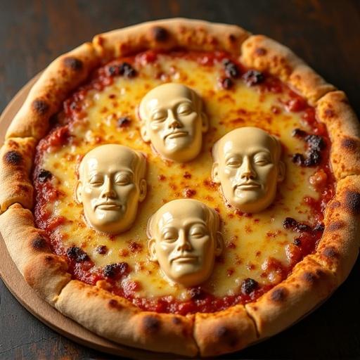 Cheese pizza topped with heads resembling Jeff Bezos. The pizza has a golden crust and melted cheese. Toppings are colorful and whimsical.