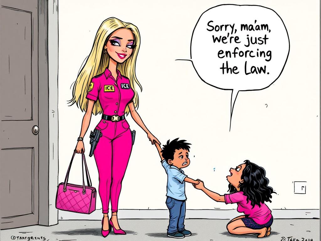Vertical full-color satirical cartoon hand-drawn style. Scene depicts a tall blonde woman in pink fitted ICE uniform with badge. She holds a designer handbag and pistol. A cold smile. A small sad Latino boy is held away from his crying mother. The mother kneels reaching out with a tear. Speech bubble says 'Sorry, ma'am, we're just enforcing the law.' Minimal setting emotionally charged. Darkly ironic tone exposing bureaucratic cruelty masked by plastic perfection.