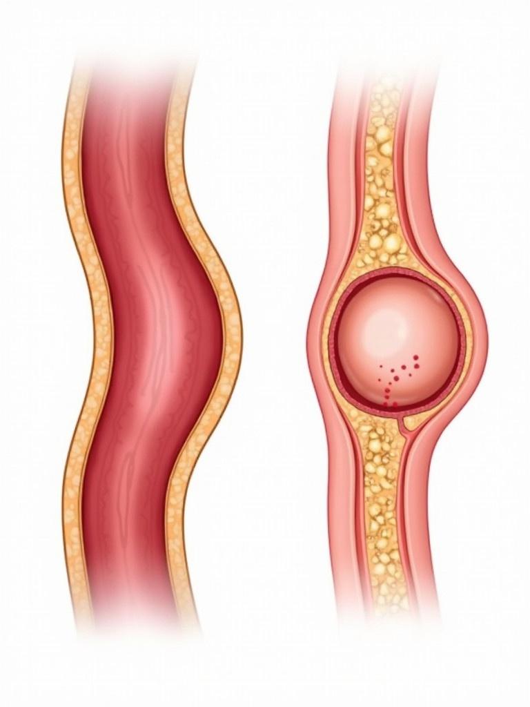 Medical illustration of an artery cross-section showing normal artery next to artery with aneurysm bulge. Clear and educational style with labels. Aneurysm displays thinning vessel wall with balloon-like protrusion. Soft medical colors used.