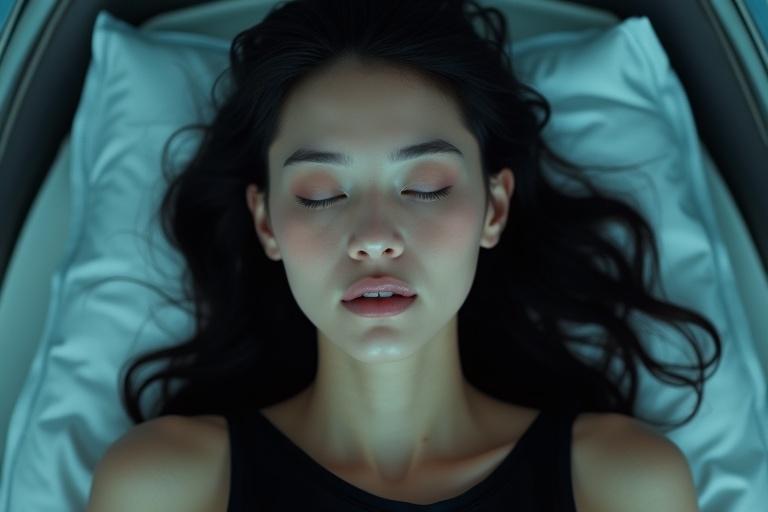 Ultra-realistic extreme close-up of a beautiful woman lying peacefully inside a futuristic spacecraft. Viewed from above with a calm expression. Elegant features smooth skin defined cheekbones full lips long black eyelashes. Black hair fanning beneath head. Soft fabric black shirt showing collarbone. Soft blue sci-fi lighting illuminating face. Background blurred sleek metallic design. Composition captures stillness and beauty.